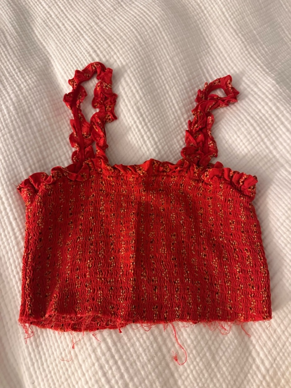Red Smocked Ruffle Strap Crop Top - Picture 2 of 2